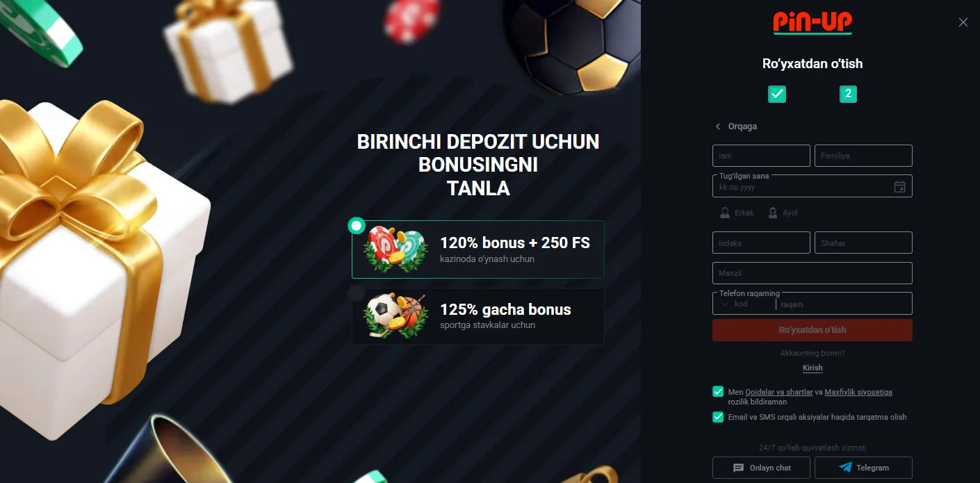 Pin Up Casino Uzbekistan roʼyxatdan oʼtish va kirish